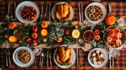 Festive Thanksgiving Feast with Roast Turkey and Seasonal Decor