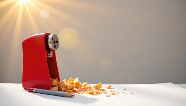 A red pencil sharpener with a sharpened pencil protruding from its opening, sitting on a white surface. The background is blurred, but there's sunlight creating a lens flare effect behind the object.