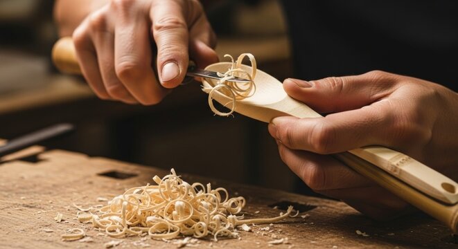 Close-up of Craftsman Carving a Wooden Spoon with a Sharp Knife
