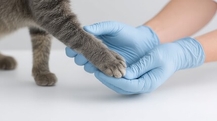 A person in gloves gently holds a cat's paw, highlighting care and veterinary attention.