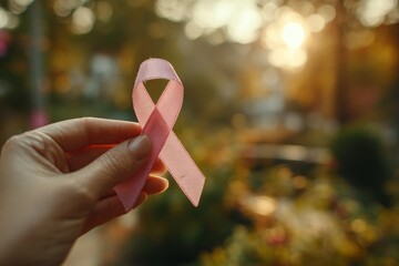 Fototapeta na wymiar Hand showing pink ribbon, symbol of breast cancer awareness, with a blurred background of a sunset
