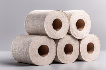 Five rolls of toilet paper stacked in a pyramid shape, creating a simple yet effective composition against a gray backdrop