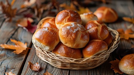 Freshly Baked Bread Rolls in a Rustic Woven Basket on Wooden Table