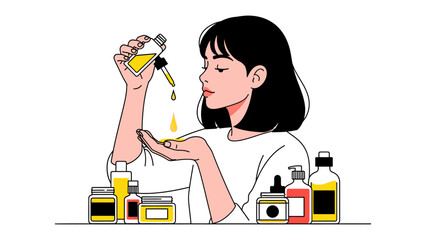 Young woman with dark hair carefully applying serum from a dropper to her hand surrounded by various skincare bottles and jars