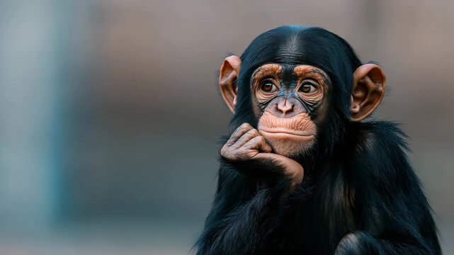 Curious young chimpanzee deep in thought at the wildlife sanctuary during the afternoon