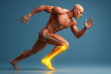 A muscular human figure in motion reveals detailed anatomy, emphasizing strength, speed, and biomechanics in a dynamic running posture.