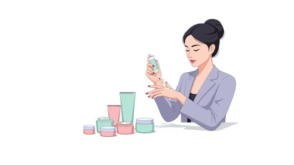 Young woman in a blazer examines a small bottle of beauty product with a collection of skincare items arranged on a surface