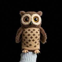 Naklejka premium A sock puppet owl with big round eyes, brown feathers, and a tiny beak, perched on a hand with a starry night sky background
