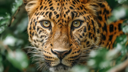 Obraz premium Close-up face of leopard with golden eyes, wild feline predator living in jungle