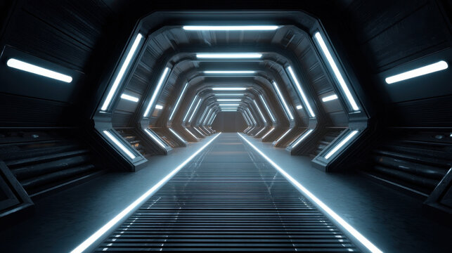 Fototapeta An endless sci-fi walkway with a hexagonal tunnel and bright white neon lights