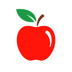 red apple fruit icon with green leaf in flat vector style, vector, illustration, pictogram