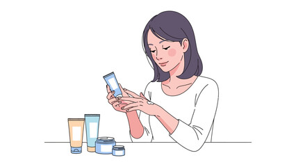 Young woman carefully examining a skincare product bottle in her hands with various beauty creams and lotions arranged on a surface