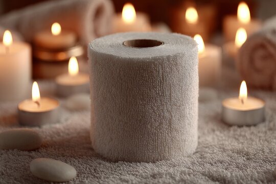 Rolled white towel surrounded by burning candles creates relaxing spa ambiance - Powered by Adobe
