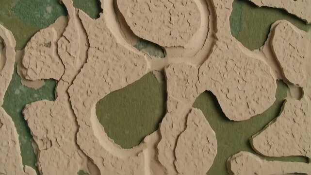 Textured, light beige, and muted green surface with carved relief