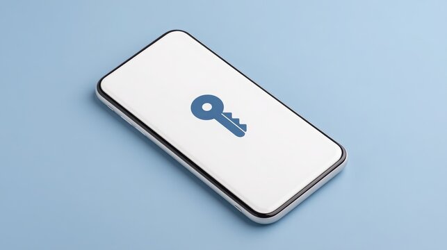 A smartphone displaying a blue key icon on a light blue background, symbolizing security and access. - Powered by Adobe