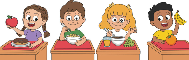 Cartoon illustration of four happy school children eating healthy breakfast at their desks with fruits, cereal, and juice.
