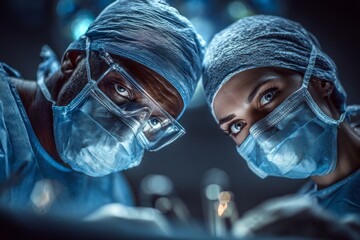Two surgeons wearing surgical masks and caps are performing an operation in a hospital operating room