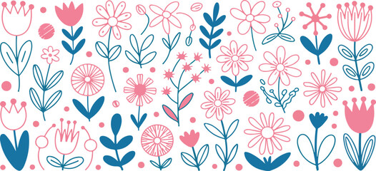 Fototapeta premium Illustration of pink and blue floral pattern on white background