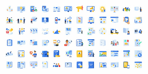 A collection of modern flat design icons representing business concepts teamwork technology and data analysis