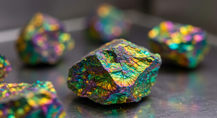 Vibrant peacock ore minerals shimmer with iridescent metallic colors under studio lighting