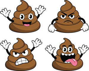 Funny cartoon poop emojis with expressive faces and hands, comic sticker set for humor designs, chat icons, or memes.