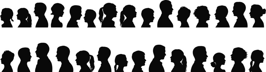 Human head silhouette set, diverse profile shapes, hairstyle variation, black vector heads, side view illustration, identity concept, comparison chart, artistic diversity design