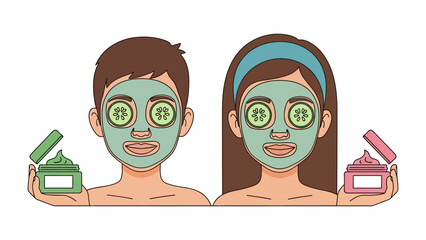 A man and woman enjoying a relaxing spa treatment with green clay masks and cucumber slices on their eyes holding skincare products