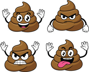 Funny cartoon poop emojis with expressive faces and hands, comic sticker set for humor designs, chat icons, or memes.