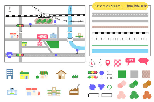 シンプルで使いやすい地図アイコン素材セット 道路・線路はアピアランス分割なし　線幅変更可能