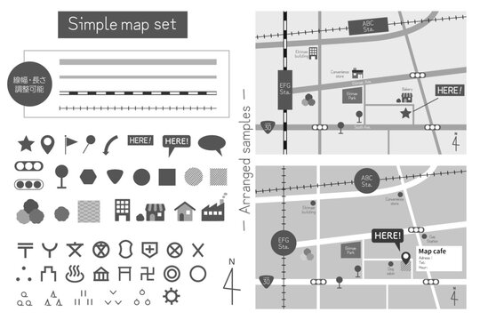 グレースケールのスタイリッシュな地図素材セット 道路・線路はアピアランス分割なし　線幅変更可能