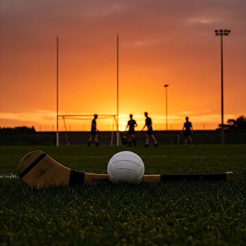 a gaelic football field with goalposts and silhouetted players.