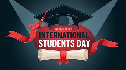 Festive banner with the text International Students' Day, November 17 featuring a graduation cap and scroll with a red ribbon on a dark background. 