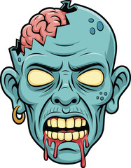 Gruesome cartoon zombie head with exposed brain and dripping blood, horror comic style illustration for Halloween or scary designs.