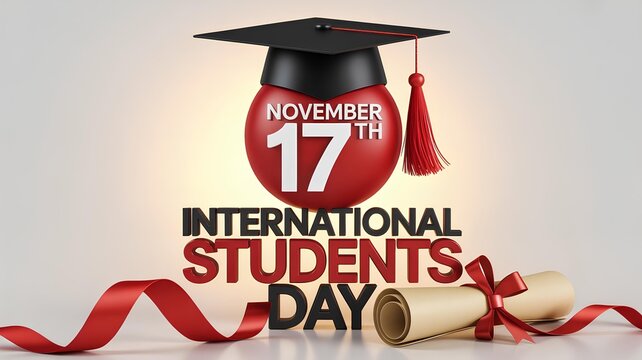 Modern digital design with graduation cap, scroll, decorative red ribbon with text “International Students Day” and date “November 17th” on light background.