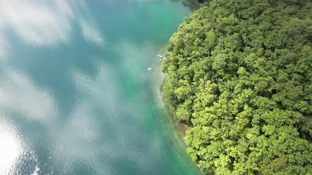 Crystal Clear Waters Of Lake Aoki In Omachi City, Nagano Prefecture, Japan. Aerial Topdown Shot