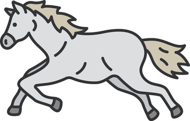 横から見た、芦毛の走っている馬（線画）のイラスト