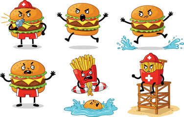 Funny cartoon burger and fries lifeguard characters at the beach, swimming rescue scene, fast food illustration, summer humor vector set.