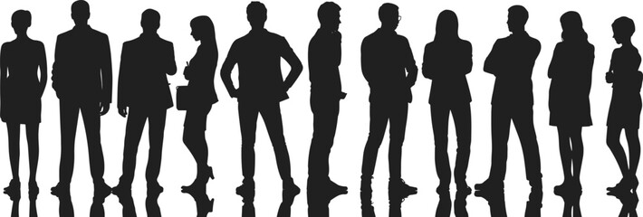 Silhouette group of professionals illustration, diverse business character set, workplace posture icons, corporate team vector, leadership and teamwork graphic, career-themed design pack