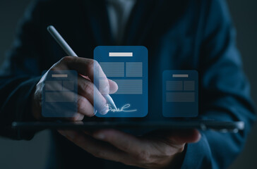 Businessman using stylus to sign digital documents on tablet. Concept of electronic signature, e-contract, paperless workflow and secure digital transformation for modern business.