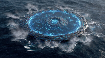 Mysterious underwater structure unveiled ocean depths digital art futuristic environment aerial view sci-fi concept