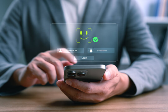 Close-up of businessman using smartphone with facial recognition and password login screen, concept of digital identity, cybersecurity and mobile data protection.