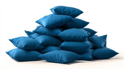 Stack of blue cushions on white background. Neural network AI generated