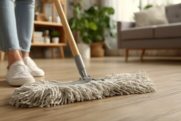 Woman mopping hardwood floor in cozy living room