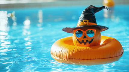A Halloween pumpkin in sunglasses and a witch's hat floats in an inflatable beach ring in a pool on a sunny day