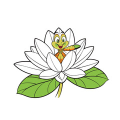 Elegant lotus flower with a delicate dragonfly perched on its petals against a clean white background