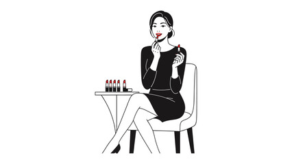 Elegant woman applying red lipstick with makeup products on a table while sitting on a chair in a minimalist sketch style illustration