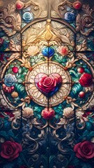 stained glass window in church with heart and rose elements