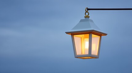 A stylish lantern illuminating against a blue evening sky.