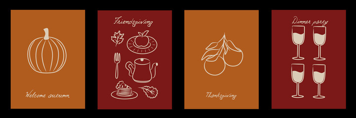 Autumn season minimalist cards with food, leaves, fruit, drink, pie, pumpkin. Whimsical wall art, poster cover, banner, card, flyer. Creative design templates ads, web, label, branding, social media.