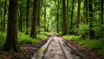 Fototapeta premium A dirt road winding through a dense forest